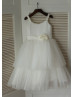 Thin Straps Ivory Sequin Tulle Tea Length Flower Girl Dress